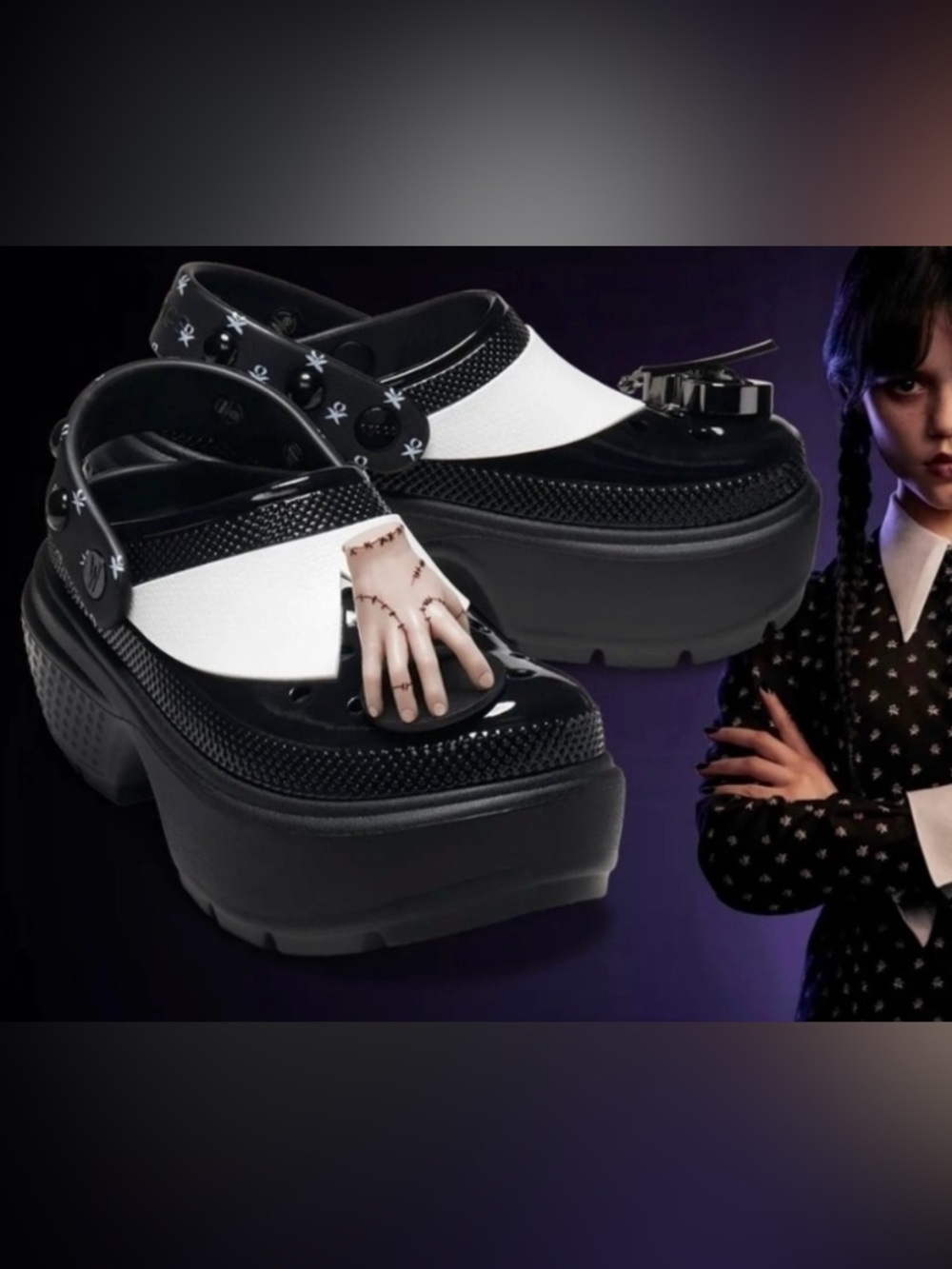NWT Crocs X Wednesday Addams Stomp Clog Woman’s Size 7 - Thing & Chello Jibbitz